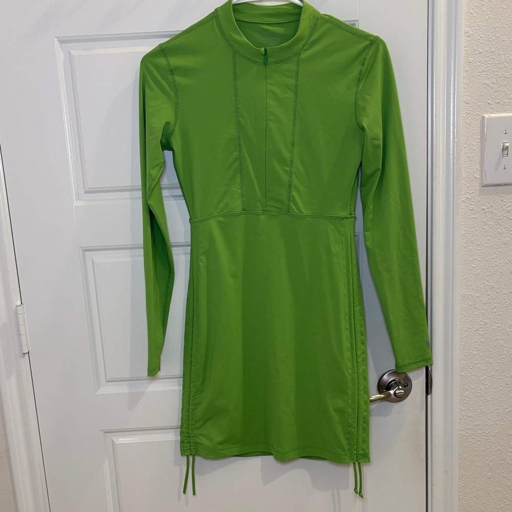 Athleta Lime Green Long Sleeve Athletic Dress Ruched Side XS